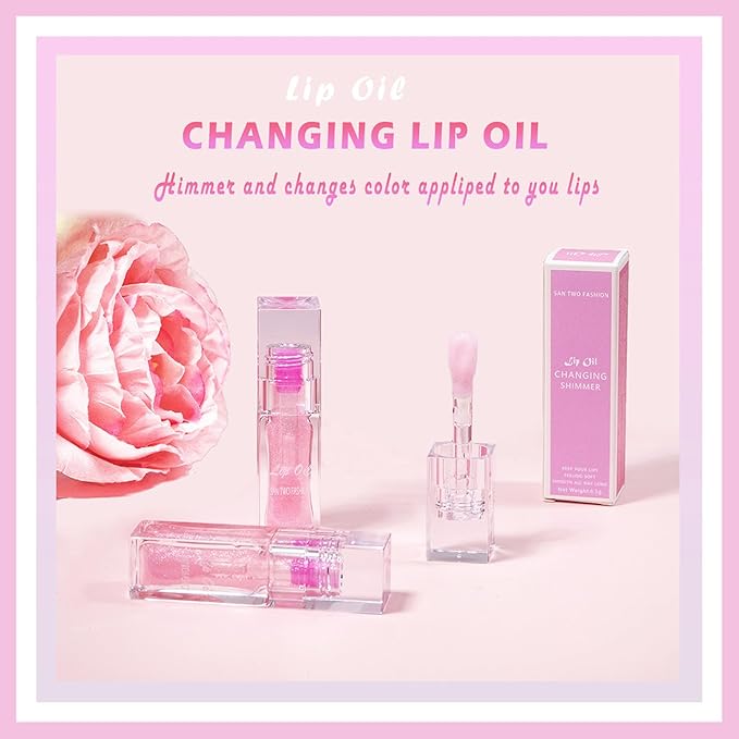 2PCS Magic Color Changing Lip Oil - Big Brush, Long Lasting Shimmery, Warm Change Hydrating Lip Gloss