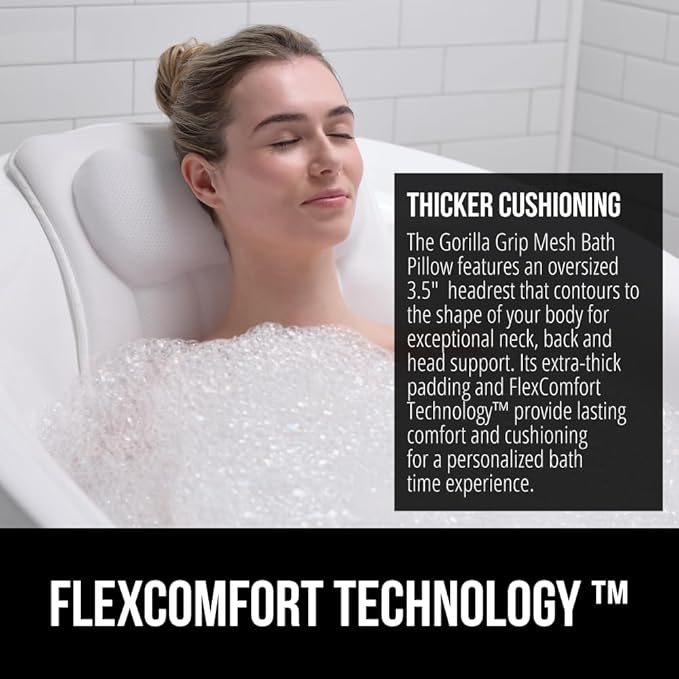 GORILLA GRIP Mesh Bath Pillow for Tub, 6 Powerful Suction Cups, Oversized Headrest with Breathable FlexComfort Technology for Neck, Head, Back Support, Luxury Machine Washable Bathtub Must Haves White