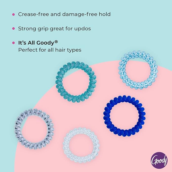 Goody Dentless Spiral Hair Ties, Cool Tones Phone Cord Coils - 5 Ct, Secure Hold Jelly Bands for Medium-Thick Hair for Women & Men