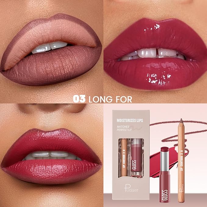 2Pcs Lipstick and Lip Liner Combo, Lip Liner and Lip Gloss Kit for Women, Matte Lip Pencil and Smooth Hydrating Lipstick with Sharpener, Non-Stick Lip Makeup Set