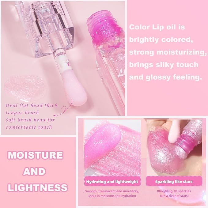 2PCS Magic Color Changing Lip Oil - Big Brush, Long Lasting Shimmery, Warm Change Hydrating Lip Gloss
