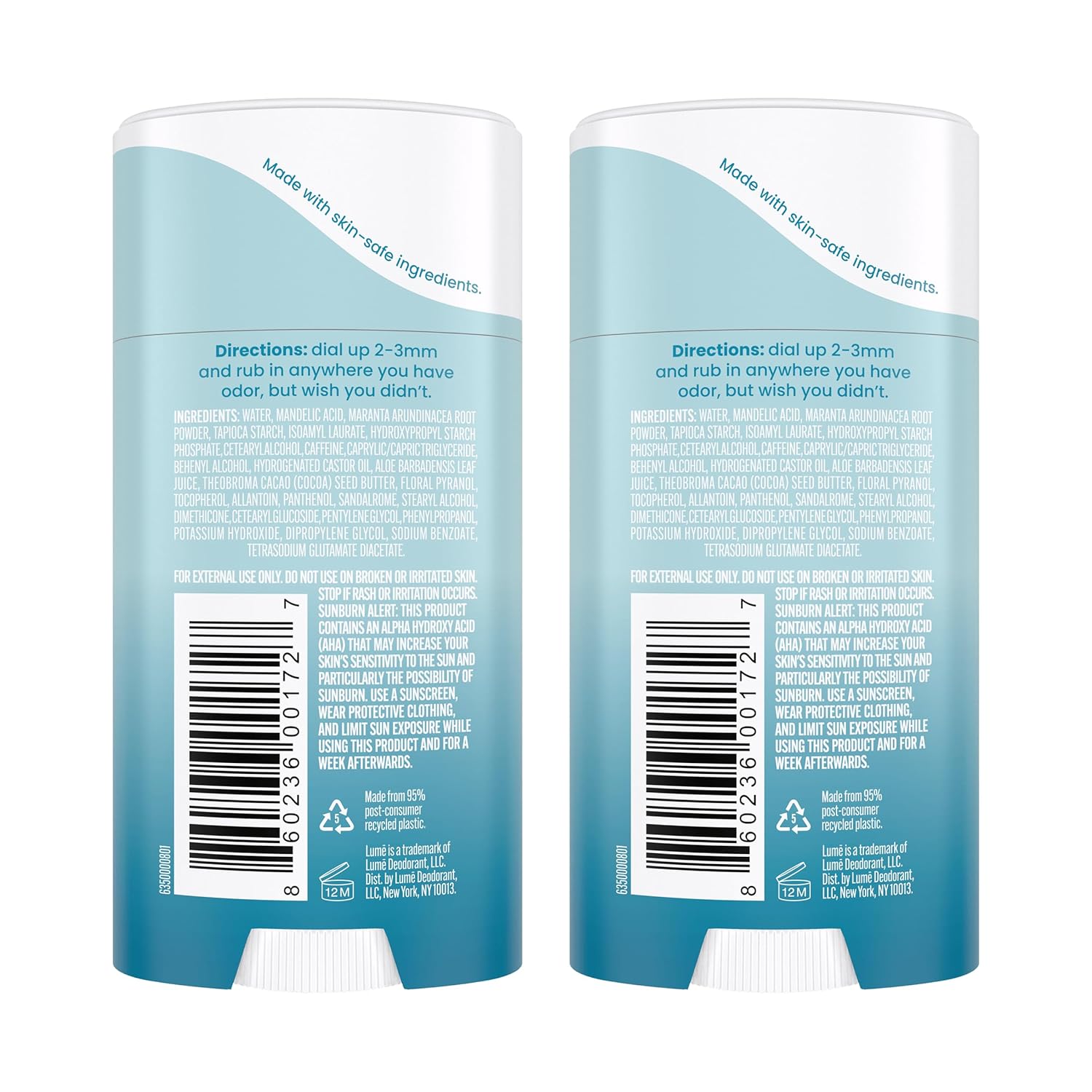 Lume Whole Body Deodorant - Invisible Cream Stick - 72 Hour Odor Control - Aluminum Free, Baking Soda Free, Skin Safe - 2.2 Ounce (Pack of 2) (Unscented)