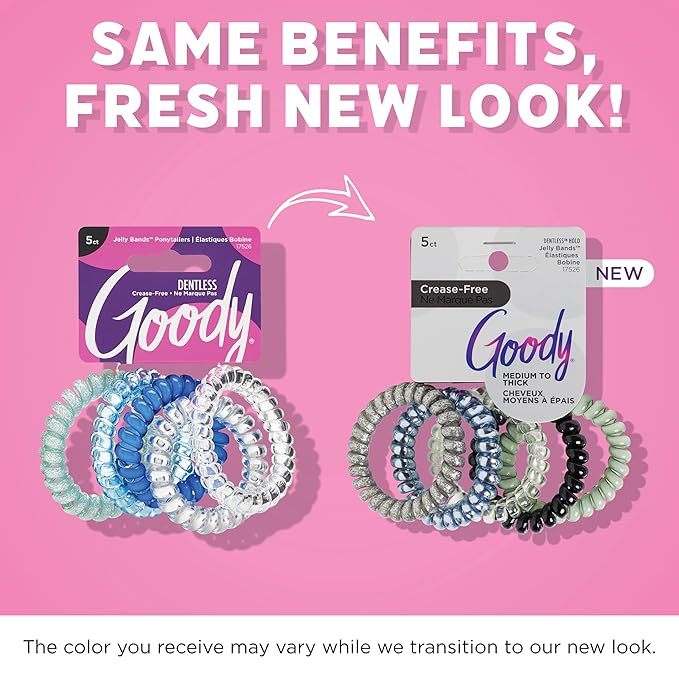 Goody Dentless Spiral Hair Ties, Cool Tones Phone Cord Coils - 5 Ct, Secure Hold Jelly Bands for Medium-Thick Hair for Women & Men