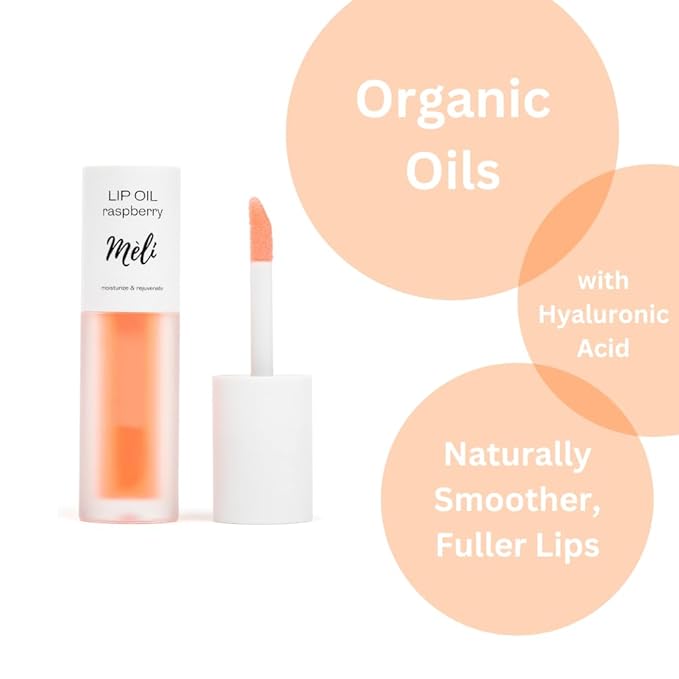 MÈLI Organic Lip Oil with Hyaluronic Acid | Clear Non-Sticky, Natural Lip Gloss, Moisturizing, Revitalizing and Rejuvenating (Raspberry)