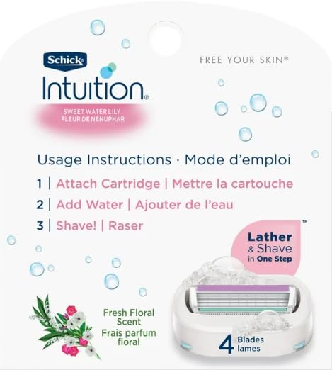 Schick Intuition - Lather & Shave In One Stop - Sweet WaterLily Fresh Floral Scent - Women's Razor Blade Refills - 3 Count Pack of 4 = 12 Cartridges