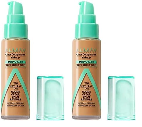 Almay Clear Complexion Acne Foundation Makeup with Salicylic Acid - Lightweight, Medium Coverage, Hypoallergenic, Fragrance-Free, for Sensitive Skin, 710 Natural Tan, 1 fl oz. (Pack of 2)