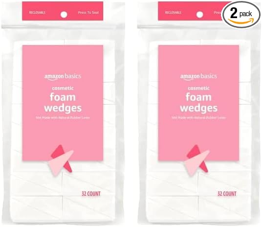 Amazon Basics Cosmetic Rectangular Foam Wedges For Makeup, 32 Count, White (Pack of 2)