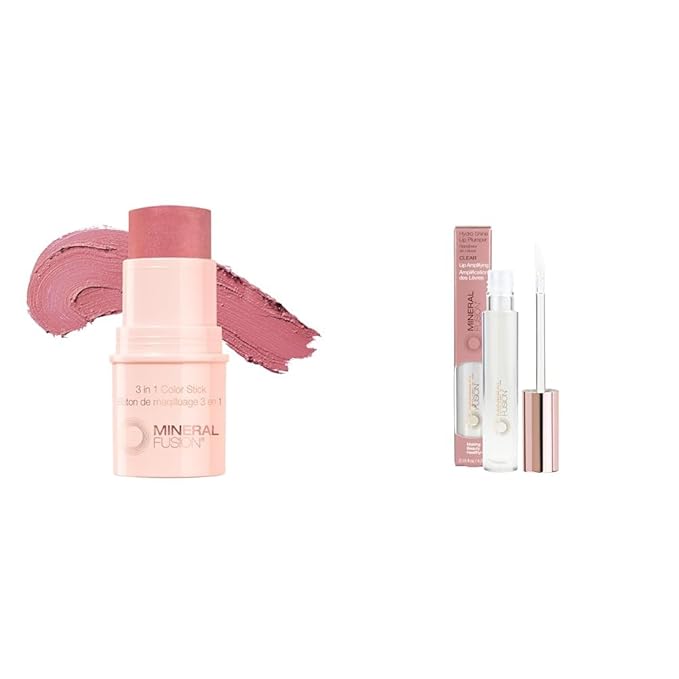 Mineral Fusion 3-in- Color Stick Rosette & Hydro-Shine Lip Gloss Plumper, Clear, 0.15oz Value Bundle