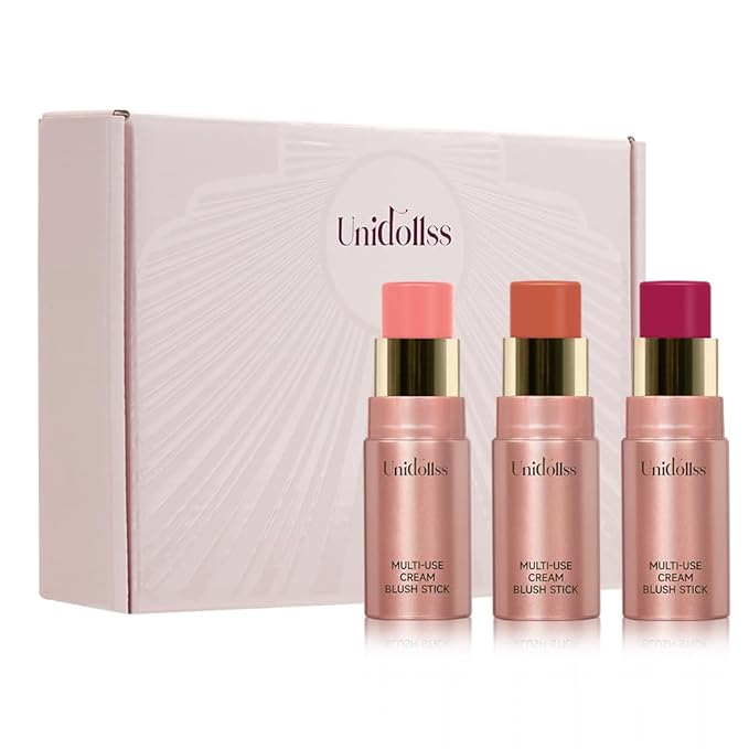 3 Pcs Multi-Use Makeup Cream Blush Stick Set, Unidollssbeauty 3-in-1 Buildable Blush Stick Set, Hydrating formula, All day wear, Easy Application with a Random Accessory Included(01,03,04)