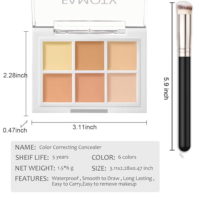 6 Color Correcting Concealer Palette With Concealer Brush, Correcting