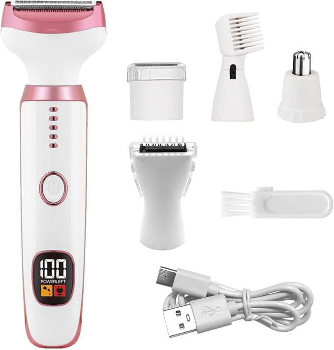 Electric Razors for Women, Bikini Trimmer for Women 5 in 1 Body Shaver for Nose Hair Face Eyebrow Arms Legs Armpit Underarm Pubic Area, Replaceable Lady Facial Razor Painless USB Charge Female Gift
