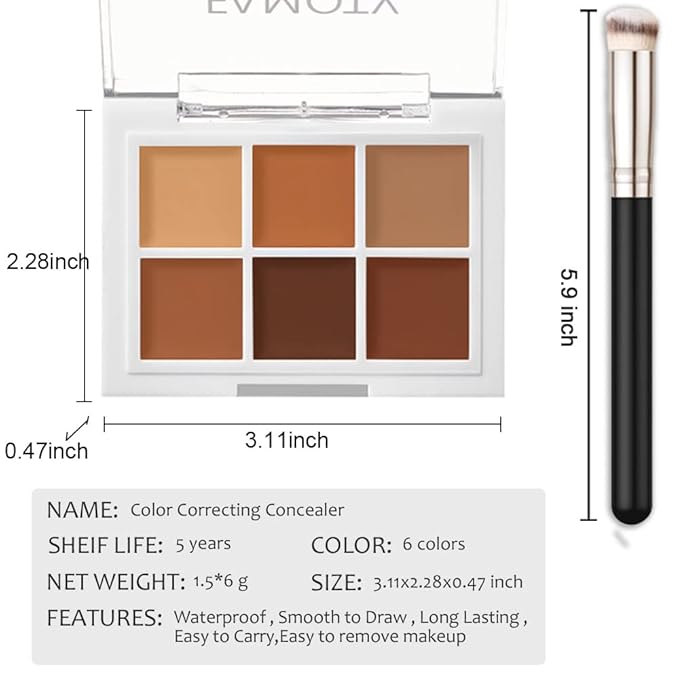 6 Color Correcting Concealer Palette With Concealer Brush, Correcting