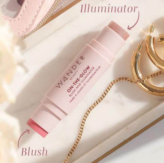 Wander Beauty On-the-Glow Blush and Illuminator - Petal Pink/Nude Glow - 7-in-1 Hydrating Cream Blush & Highlighting Stick - Stick Blush for Cheeks, Lip, & Body - Highlighter Makeup & Blush - 0.4 oz