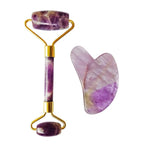 Amethyst Massage Roller and Gua sha Set | Reduces Wrinkles, Fine lines and Dark Circles | Pink Jade Roller | Anti-aging Massager for Skin Toning and Tightening for Face, Eyes, Neck