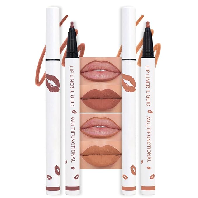 2Pcs Longwear Liquid Lip Liner Stain Marker Pen Set Long Lasting Waterproof, Mocha Nude Brown Matte Semi Permanent 24 Hour Lip Liner and Lipstick Combo, Color Stay Lipliner All Day Lips Stain peel off