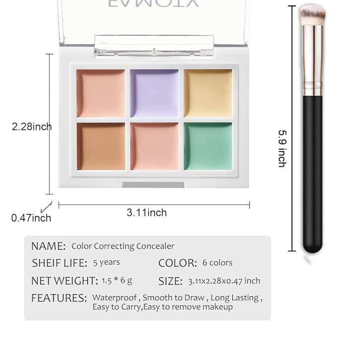 6 Color Correcting Concealer Palette With Concealer Brush, Correcting