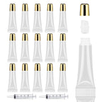 AMORIX 50PCS Lip Gloss Containers 10ml Gold Lip Gloss Tubes Empty Lip Balm Tubes Squeeze Tubes Lipgloss Supplies Lip Gloss Kit for Lip Gloss Base + 2 x 20ml Syringes & Labels