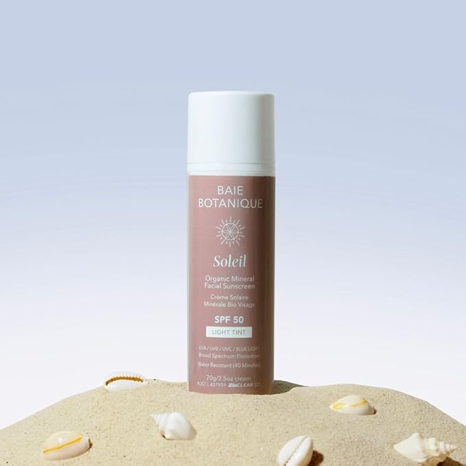 NEW SIZE - Baie Botanique Soleil Organic Facial Sunscreen SPF 50 - Chemical Filter Free Hyaluronic Acid & Vitamin C Sunscreen for Face Natural Vegan No White Cast Non Toxic UVA/UVB - Light Tint 70g