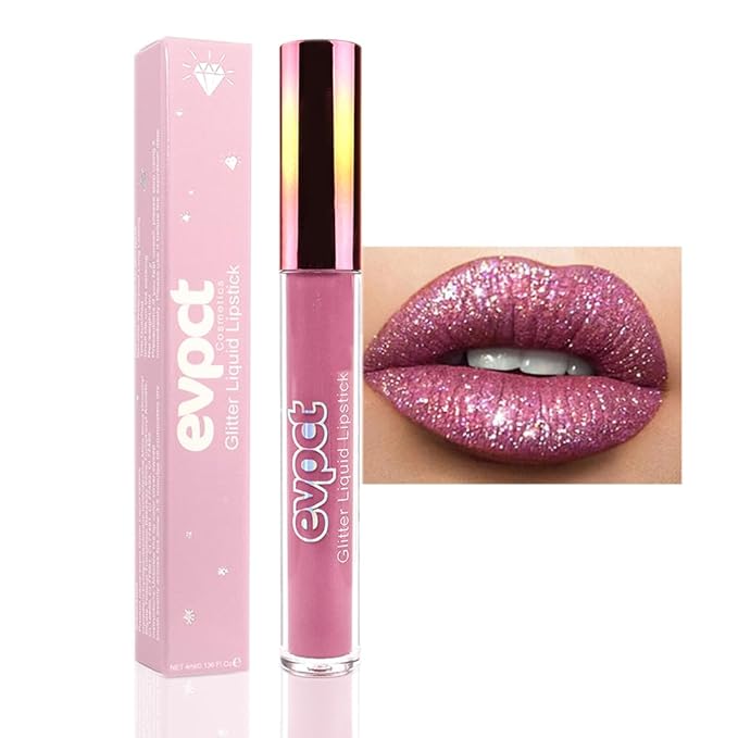 evpct 1Pcs Mauve Matte to Glitter Liquid Lipstick Lip Set Kit, Long Lasting Matte Diamond Glitter Lipstick Waterproof, Colorful Sparkly Glossy Metallic Shimmer Sparkle Lip Gloss for Women 01#