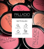 Palladio Matte Blush, Brushes onto Cheeks Smoothly, Soft Matte Look and Even Finish, Flawless Velvety Coverage, Effortless Blending Makeup, Flatters the Face, Convenient Compact, Chic