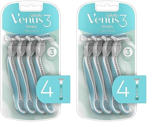 Gillette Venus Simply 3 Sensitive Women's Disposable Razors, Pack of 2 with 4 razors