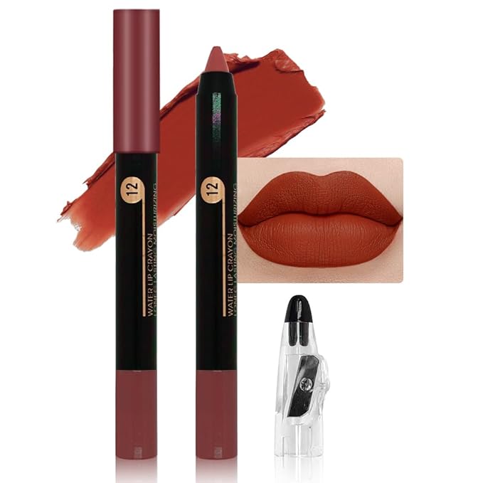 Brownish Red Crayon Matte Lipstick Lip Liner Pencil, Moisture Smooth Lipstick Pencil, With pencil sharpener Sharpenable Lip Pencil, Ultimate Lip Crayon for Women Smudgeproof Waterproof 12#