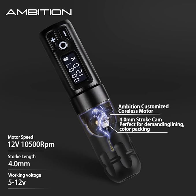 Ambition Soldier Rotary Battery Pen with Extra Battery Tattoo Cartridge Machine 2400mAh Wireless Power Japan Coreless Motor Digital LED Display Tattoo Equipment Supply for Professional Tattoo Artists