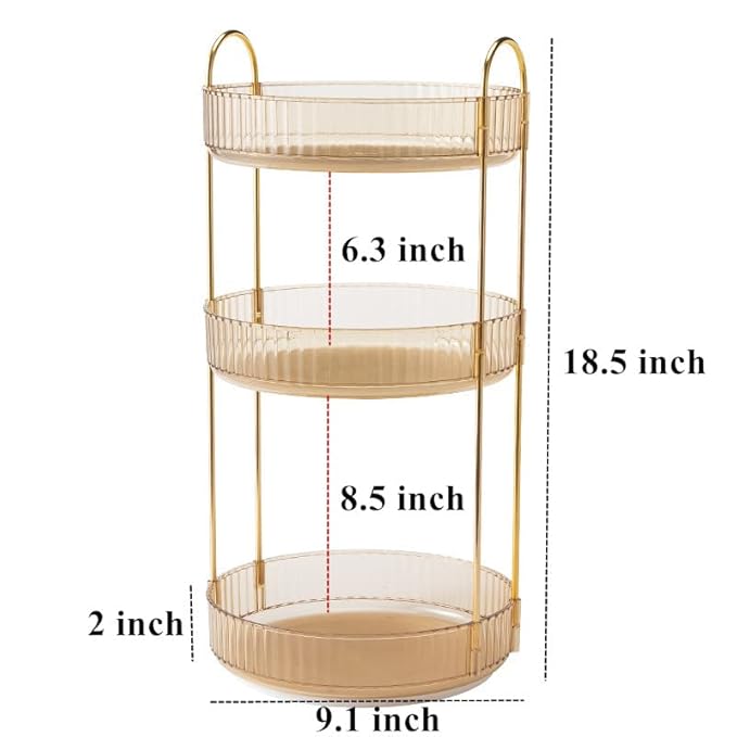 360 Rotating Makeup Organizer - High-Capacity Skincare & Cosmetics Organizer for Vanity, Bathroom or Dresser (3 Tiers, Amber)