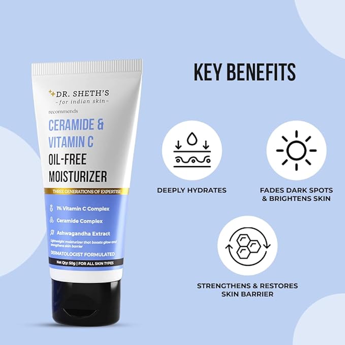 Dr. Sheth's Ceramide & Vitamin C Oil-Free Face Moisturizer | Enhances Glow & Strengthens Skin Barrier | Deeply Hydrates | Lightweight for All Skin Types | 1.76 Oz/50 g