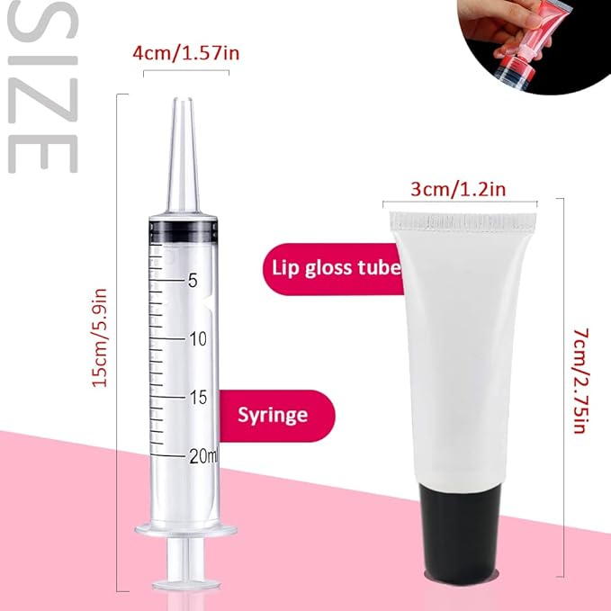 AMORIX 50PCS Lip Gloss Tubes 5ml Black Cap Lip Gloss Containers Empty Lip Balm Tubes Refillable Cosmetic Squeeze Lipgloss Tubes + 2 x 20ml Syringes Tag Labels for DIY Lip Gloss Base Glitter