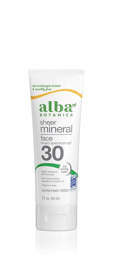 Alba Botanica Sunscreen for Face, Fragrance-Free Sheer Mineral Face Sunscreen Lotion, Broad Spectrum SPF 30, Water Resistant and Biodegradable, 2 fl. oz. Bottle (Packaging May Vary)