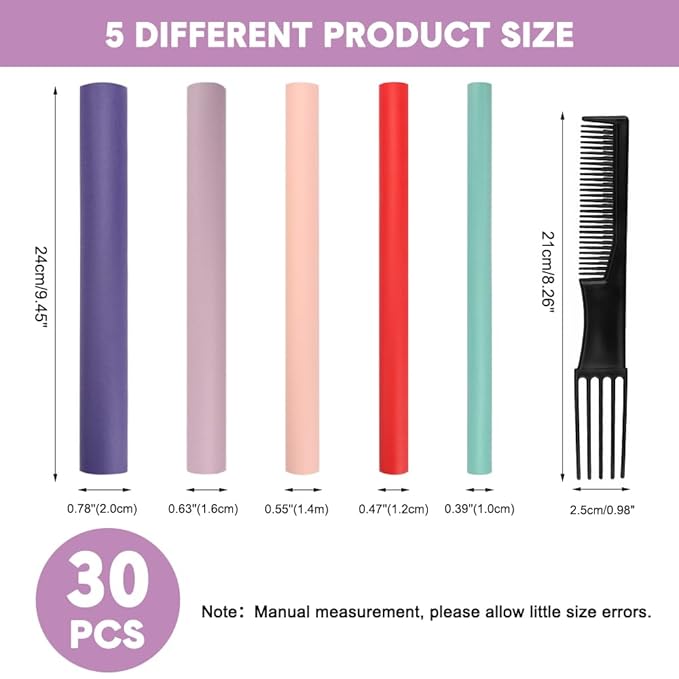 AIDUCHO Flexible Hair Curlers to Sleep in, 30PCS Flexi Rods (9.45" and 5 Sizes 0.39"-0.78"), No Heat Heatless Curling Set for Short Medium Long Hair