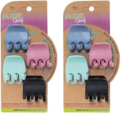 Planet Goody Plant-Based Heritage Claw Clips, Medium, Extra Strong, Bright Colors, Pink, Periwinkle, Green, And Black, 4 Count (Pack of 2)