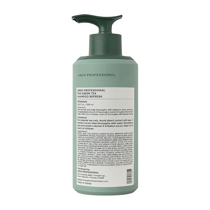 AMOS PROFESSIONAL The Green Tea Shampoo Refresh for Thinning Hair, Korean Shampoo for Oily Scalp l Deep Cleans, Strengthening Hair, All Hair Types, 16.9 fl.oz
