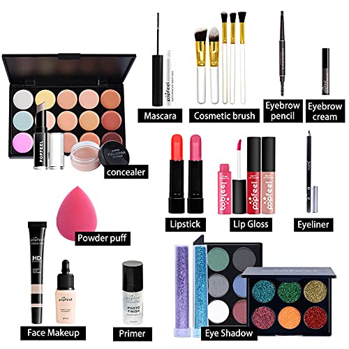 All-in-one Makeup Set Holiday Gift | Full Makeup Kit for Women Essential Starter Bundle Include Eyeshadow Palette Lipstick Blush Cream Concealer Face Powder Eyeliner Mascara Lipgloss Brush