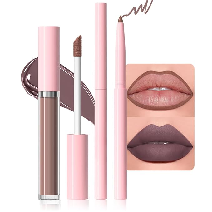 evpct Retractable 1Pcs Lip Liner Pencils and 1 Pcs Lip Gloss Makeup Set for Shaping & Sculpting Lips, Taupe Long-Lasting Waterproof Longwear Matte Rich Lip Colors Liner Crayon Liquid Lipstick 12#