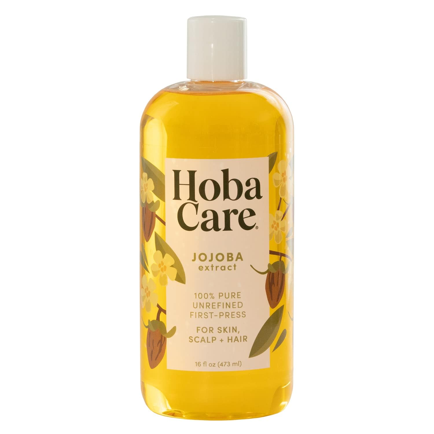 HobaCare Pure Jojoba Oil for Skin Care, Hair, Beard, Scalp Massage - 100% Unrefined Carrier Oil for Diluting Essential Oils - Natural, Hexane Free, Cruelty-Free, Long Shelf Life (16 oz)