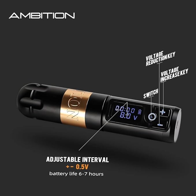 Ambition Soldier Rotary Battery Pen with Extra Battery Tattoo Cartridge Machine 2400mAh Wireless Power Japan Coreless Motor Digital LED Display Tattoo Equipment Supply for Professional Tattoo Artists