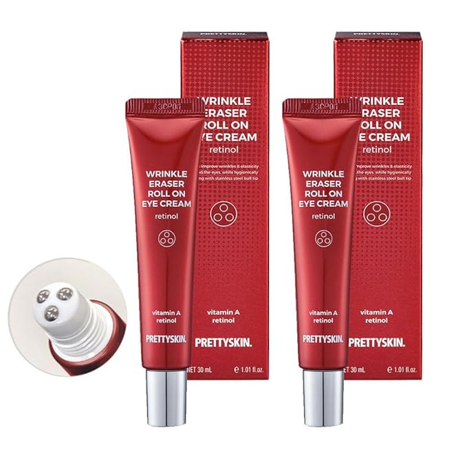 PS.PRETTYSKIN Roll On Eye Cream 30ml/1.01fl.oz. with Vitamin A and Stainless Steel ball Tip for Wrinkle Eraser and Elasticity (Retinol x 2CT)