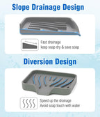 3-Pack Silicone Soap Dish, Sponge Holder for Sink, Kitchen Soap Tray, Bathroom Soap Holder, Sponge Tray with Drain (Grey)