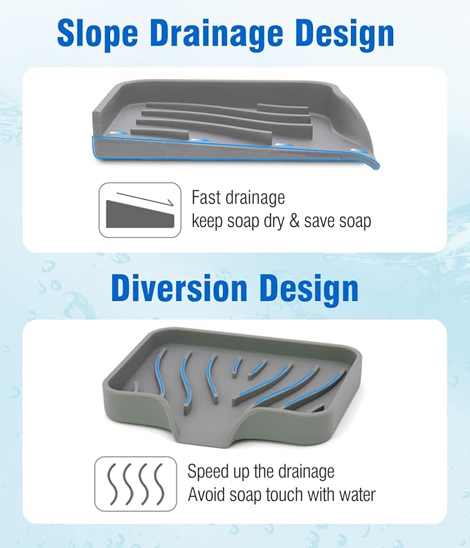 3-Pack Silicone Soap Dish Bar Soap Holder, Self Draining Soap Tray for Shower, Bathroom, Kitchen, Bathtub (Grey)