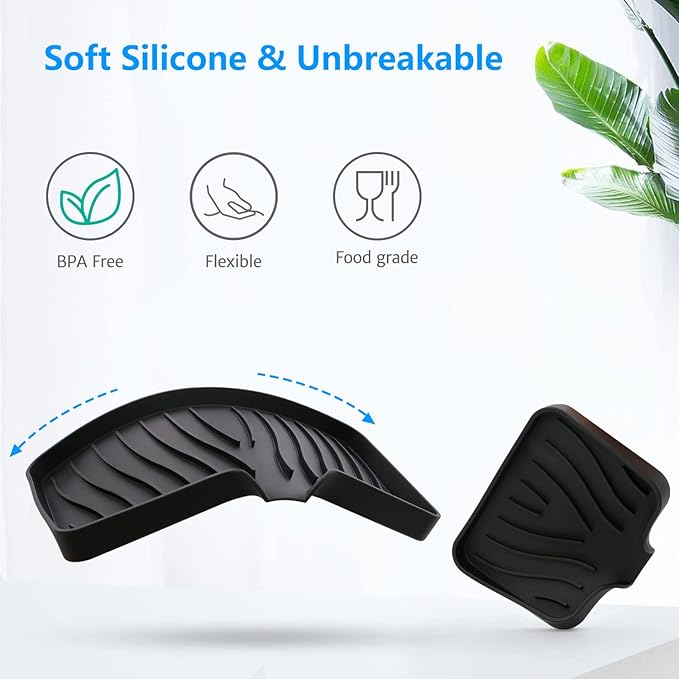3-Pack Silicone Soap Dish, Sponge Holder for Sink, Kitchen Soap Tray, Bathroom Soap Holder, Sponge Tray with Drain (Black)