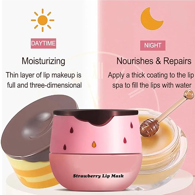 3Pcs Lip Balm Honey Pot, Lip Mask Overnight Lip Balm Hydrating Prevention Dry and Crack Lip Scrubs Exfoliator Lip Wrinkle Care, Beeswax with Vitamin E (3Pcs Honey&Strawberry&Watermelon)