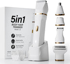 Electric Razors for Women, 5-in-1 Wet/Dry Bikini Trimmer with USB Charge Dock, Deluxe Facial Hair Removal, Wet/Dry Body Shaver for Nose Eyebrows Beard Underarm Leg Arm, IPX7 Waterproof (White)