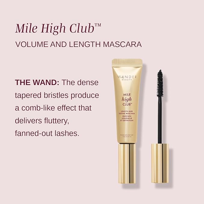 Wander Beauty Mile High Club Length + Define Black Mascara - Smudge-Proof, Lash Lengthening Mascara for a Full, Fanned Out Effect - Castor Oil + Peach Leaf Conditions & Strengthens - 0.31 fl oz