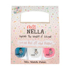 MISS NELLA PARTY COLLECTION 3-3 peel off, odour free, water base glitter nail polishes Pack- Blue The Candles (blue), Confetti Clouds (clear) & Marshmallow Overloud (coral)