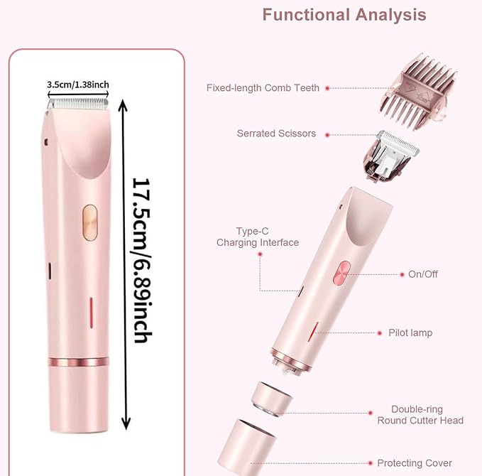 Dermave Bikini Shaver, Bikini Trimmer for Women, Glow Aura Electric Razor 2-in-1 Women's Body Shaver Dual Head Women's Trimmer for Leg Arm Body Grooming Tool (Pink)