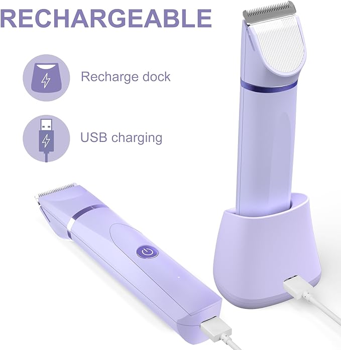 OLOV Electric Body Hair Trimmer - Groin Trimmer for Men - Bikini Trimmer Women - Wet/Dry Shaver Groomer, Replaceable Ceramic Blade Heads, USB Recharge Dock, Waterproof Hygiene Razor,Purple