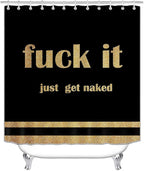 4PCS Gold Glitter Get Naked Shower Curtain Set, Funny Quote Stripe Luxury Glam Modern Dorm Bathroom Decor, Waterproof Fabric Black Shower Curtain, Non-Slip Bath Mat Toilet Rug, Just Get Naked