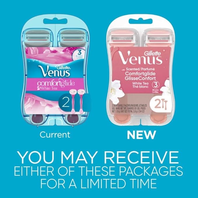 Gillette Venus ComfortGlide Disposable Razors for Women, 2 Count, White Tea Scented Moisture Bars for a Smooth Shave (Pack of 2)